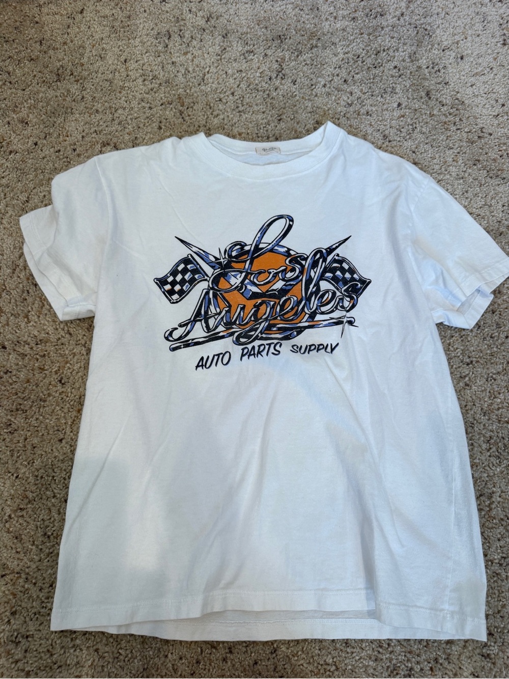 Brandy Melville White Graphic 'Los Angeles Auto Parts' Tee with Orange & Navy